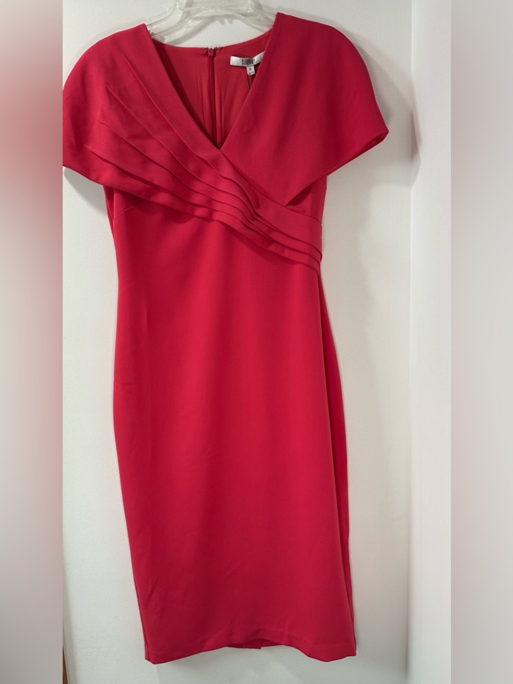 Badgley Mischka Hot Pink V-Neck Pleated Waist Midi Dress Size 6